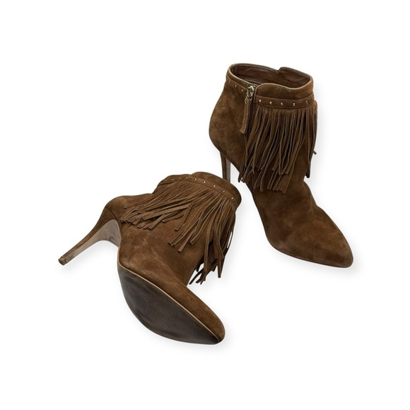 White House Black Market WHBM ꧁ Suede Fringed Heeled Ankle Boots ꧁ Cognac ꧂ 9.5 - Picture 10 of 16